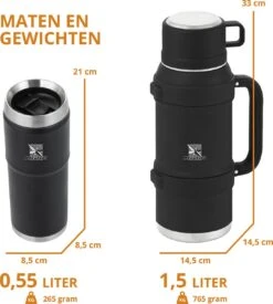 MacGyver RVS Thermoskan 1.5 Ltr – RVS Thermosbeker 0,55 Ltr - Langdurig Warm/koud - Zwart -Koffiedrank Winkel 1079x1200