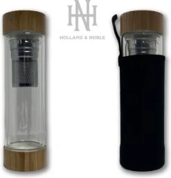 Holland & Noble - Thermo Theefles Met Zeef - 400 Ml Borosilicate Glas Dubbelwandig - Thee-infuser Met Bamboe Schroefdop Aan Beide Zijdes En Roestvrijstalen Zeef - Inclusief Neopreen Hoes -Koffiedrank Winkel 1154x1200