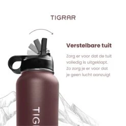 Tigrar - Waterfles Met Rietje - Drinkfles 1 Liter - Thermosfles - RVS - Rood - Incl. Extra Dop, 3 Rietjes En Reiniger -Koffiedrank Winkel 1198x1200
