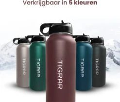 Tigrar - Waterfles Met Rietje - Drinkfles 1 Liter - Thermosfles - RVS - Rood - Incl. Extra Dop, 3 Rietjes En Reiniger -Koffiedrank Winkel 1200x1021