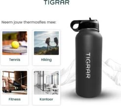 Tigrar - Drinkfles - Waterfles - Thermosfles 1 Liter - RVS - (Grafiet) Zwart - Incl. Extra Dop 3 Rietjes En Reiniger -Koffiedrank Winkel 1200x1044 2