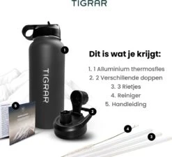 Tigrar - Drinkfles - Waterfles - Thermosfles 1 Liter - RVS - (Grafiet) Zwart - Incl. Extra Dop 3 Rietjes En Reiniger -Koffiedrank Winkel 1200x1092