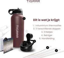 Tigrar - Waterfles Met Rietje - Drinkfles 1 Liter - Thermosfles - RVS - Rood - Incl. Extra Dop, 3 Rietjes En Reiniger -Koffiedrank Winkel 1200x1093