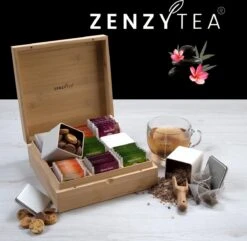 Theedoos Van ZENZYTEA® - Bamboe - Theedoos 9 Vaks - Inclusief 3 Theeblikken Voor Losse Thee - Geschikt Voor Grote & Kleine Theezakjes - Vierkant - Grote Vakken - Luxe Verpakking - Cadeau -Koffiedrank Winkel 1200x1169 3