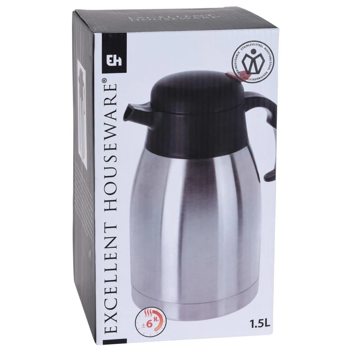 Excellent Houseware Thermoskan RVS - 1,5 Liter - Dubbelwandig 1 Excellent Houseware Thermoskan RVS - 1,5 Liter - Dubbelwandig