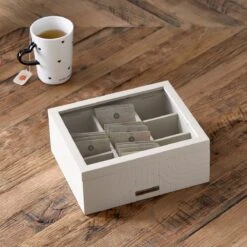 Riviera Maison Theedoos 6 Vakjes, Transparante Deksel - Room 48 Tea Box - Grijs - MDF, Glas -Koffiedrank Winkel 1200x1200 494