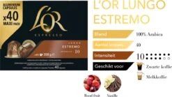 L'OR Lungo Estremo Koffiecups - Intensiteit 10/12 - 4 X 40 Capsules -Koffiedrank Winkel 1200x676 1