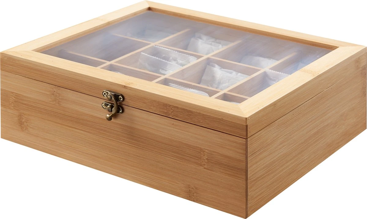 ACAZA Theedoos Voor Thee Zakjes - Theeopbergdoos Met Transparant Deksel - 12 Vakken - Bamboe Hout 1 ACAZA Theedoos Voor Thee Zakjes - Theeopbergdoos Met Transparant Deksel - 12 Vakken - Bamboe Hout