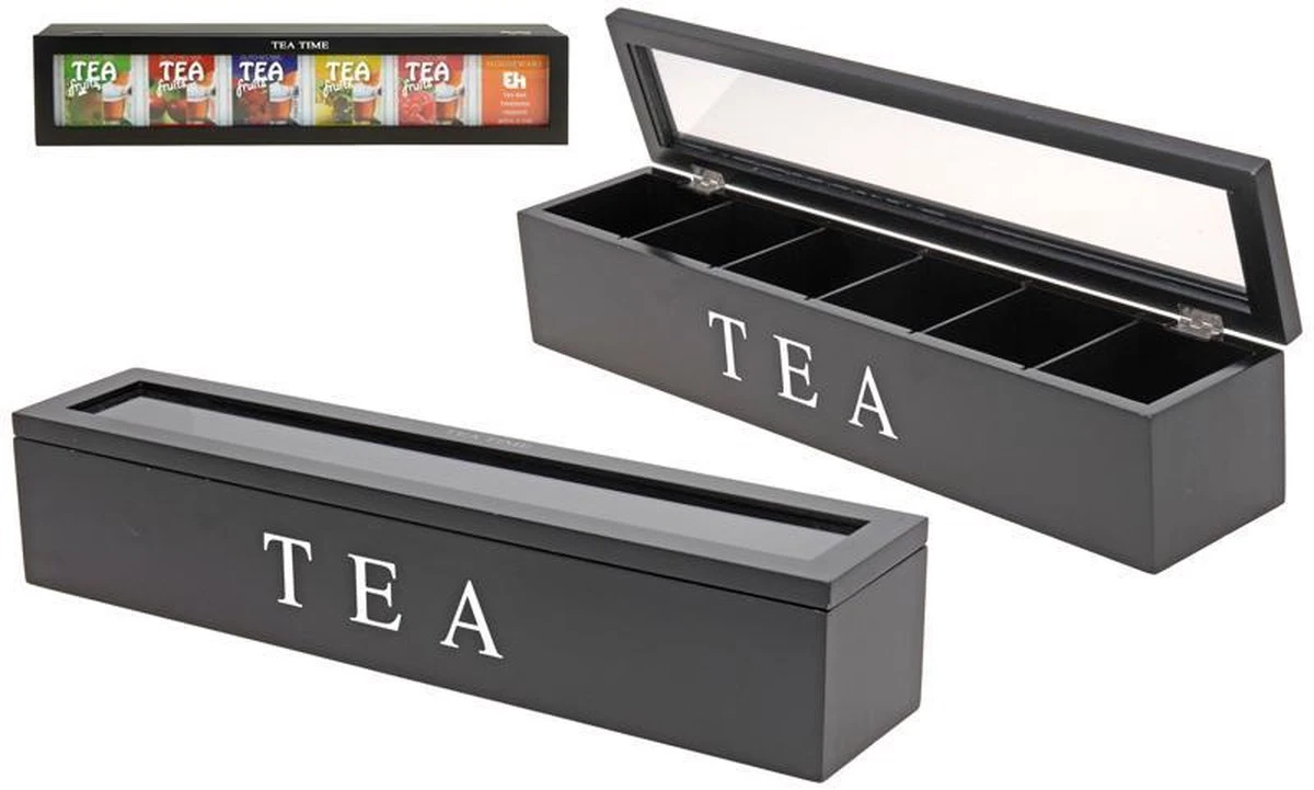 Merkloos Theedoos Theekist Zwart Met 6 Vakken 3 Merkloos Theedoos Theekist Zwart Met 6 Vakken - Afbeelding 3