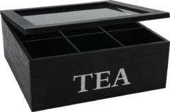 Merkloos Theekist - Zwart - Hout 9-Vaks - Glazen Deksel - Theedoos