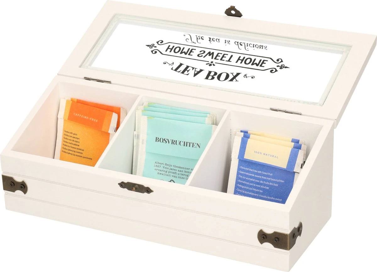 Excellent Houseware Houten Theedoos/theekist Met 3 Vakken - 24 X 9 X 9 Cm - Wit - Theedozen 2 Excellent Houseware Houten Theedoos/theekist Met 3 Vakken - 24 X 9 X 9 Cm - Wit - Theedozen - Afbeelding 2