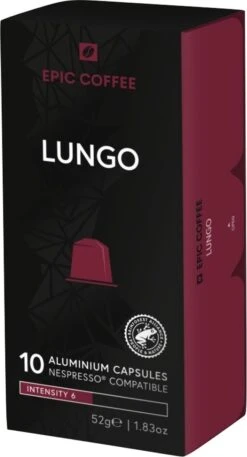 100 Capsules Epic Coffee - Lungo - Nespresso® Compatible Aluminium Capsules - RFA Keurmerk - Doos 100 Stuks