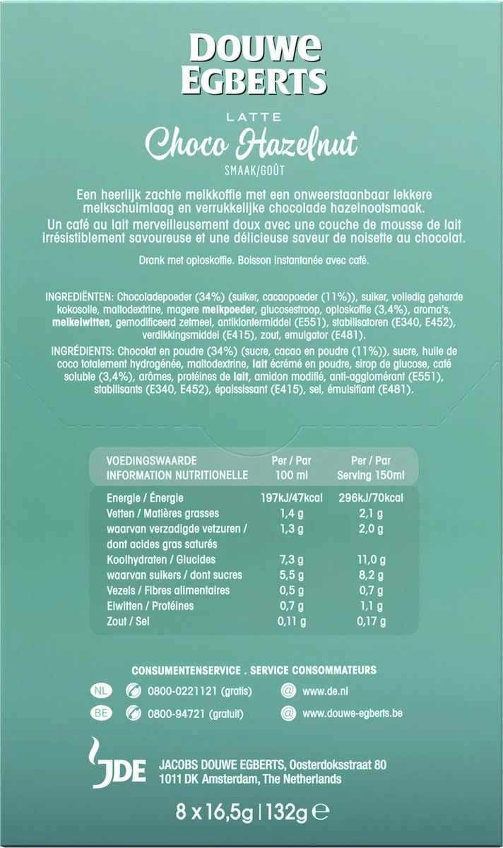 Douwe Egberts Latte Choco Hazelnut Oploskoffie - 5/9 Intensiteit - 5 X 8 Zakjes 2 Douwe Egberts Latte Choco Hazelnut Oploskoffie - 5/9 Intensiteit - 5 X 8 Zakjes - Afbeelding 2