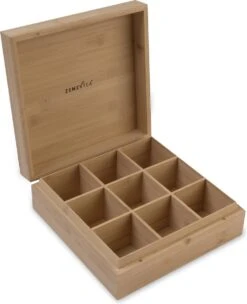 Theedoos Van ZENZYTEA® - Bamboe - Theedoos 9 Vaks - Inclusief 3 Theeblikken Voor Losse Thee - Geschikt Voor Grote & Kleine Theezakjes - Vierkant - Grote Vakken - Luxe Verpakking - Cadeau -Koffiedrank Winkel 975x1200